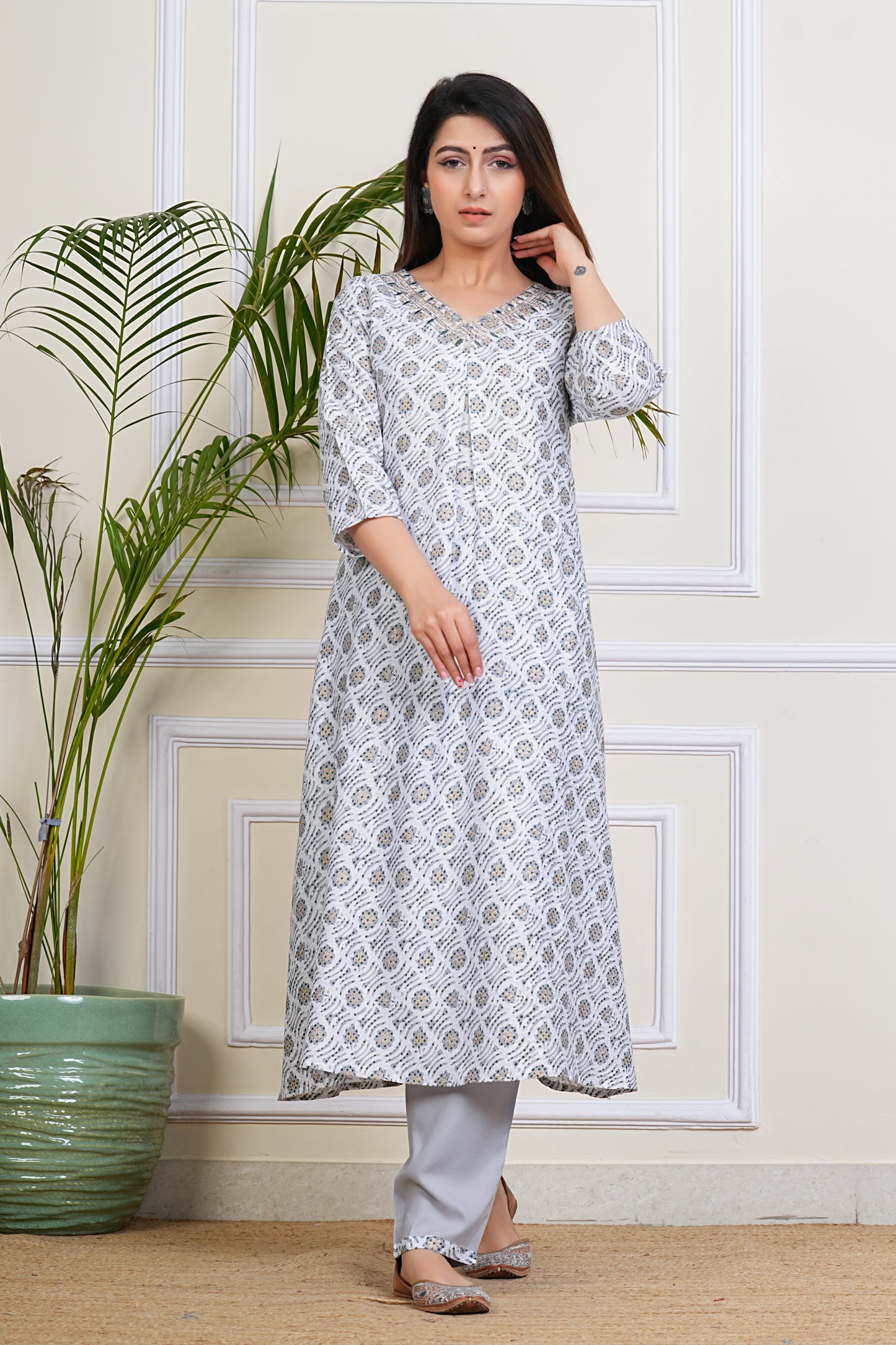 Elegant White-Green Kurta Set