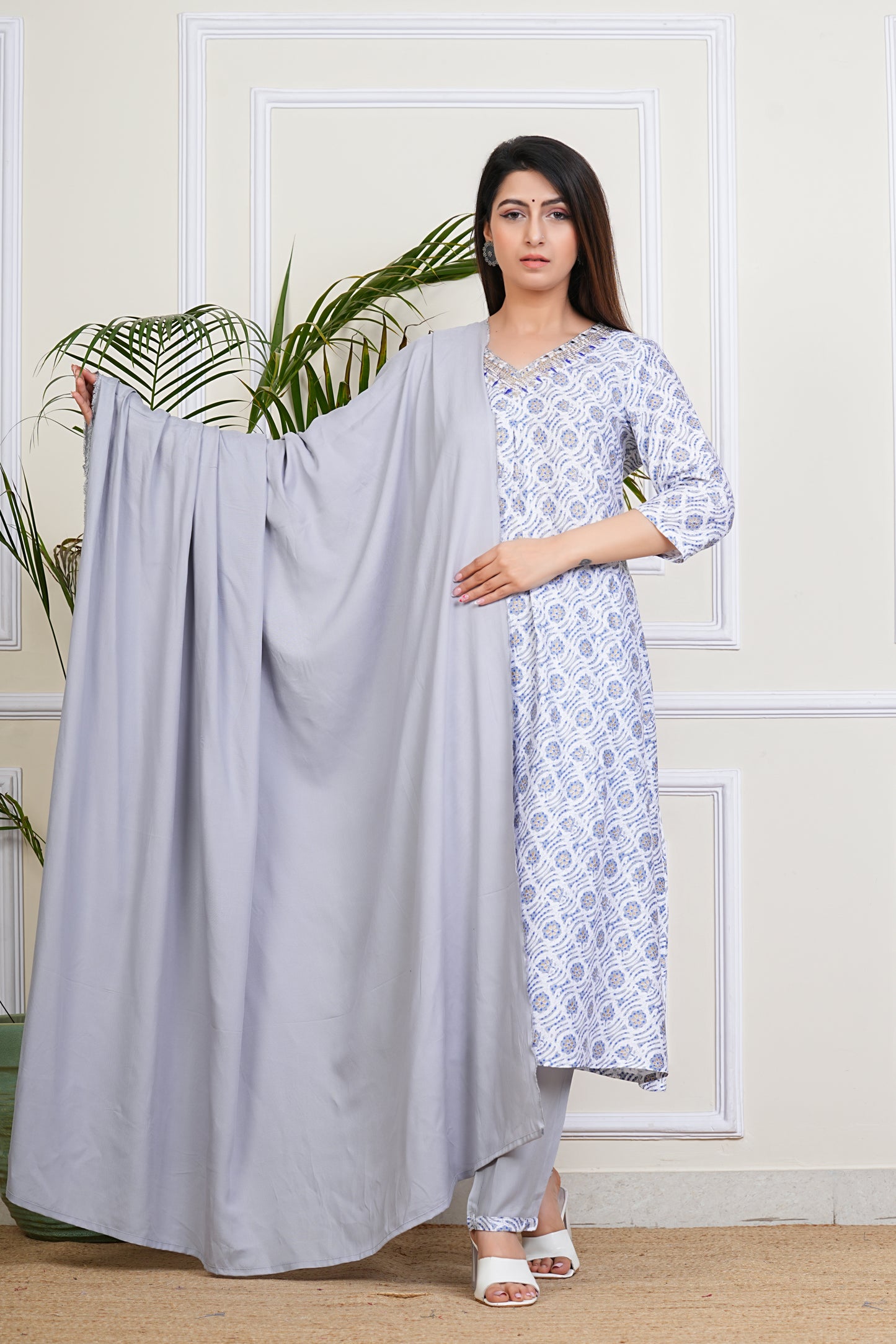 Elegant White-Blue Kurta Set