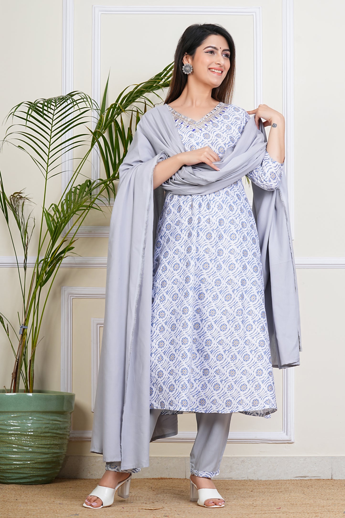 Elegant White-Blue Kurta Set