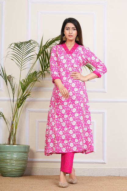 Vibrant Pink Floral Kurta Set