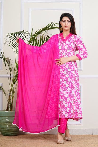 Vibrant Pink Floral Kurta Set