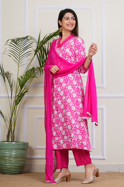 Vibrant Pink Floral Kurta Set