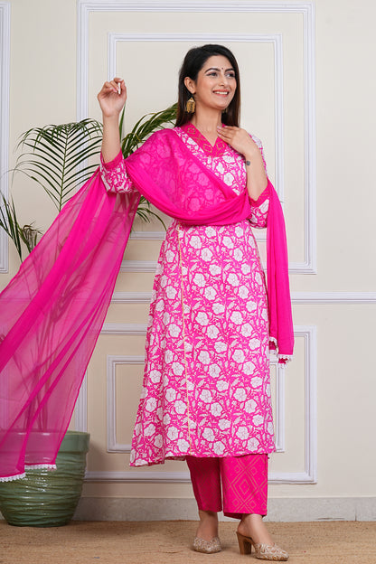 Vibrant Pink Floral Kurta Set