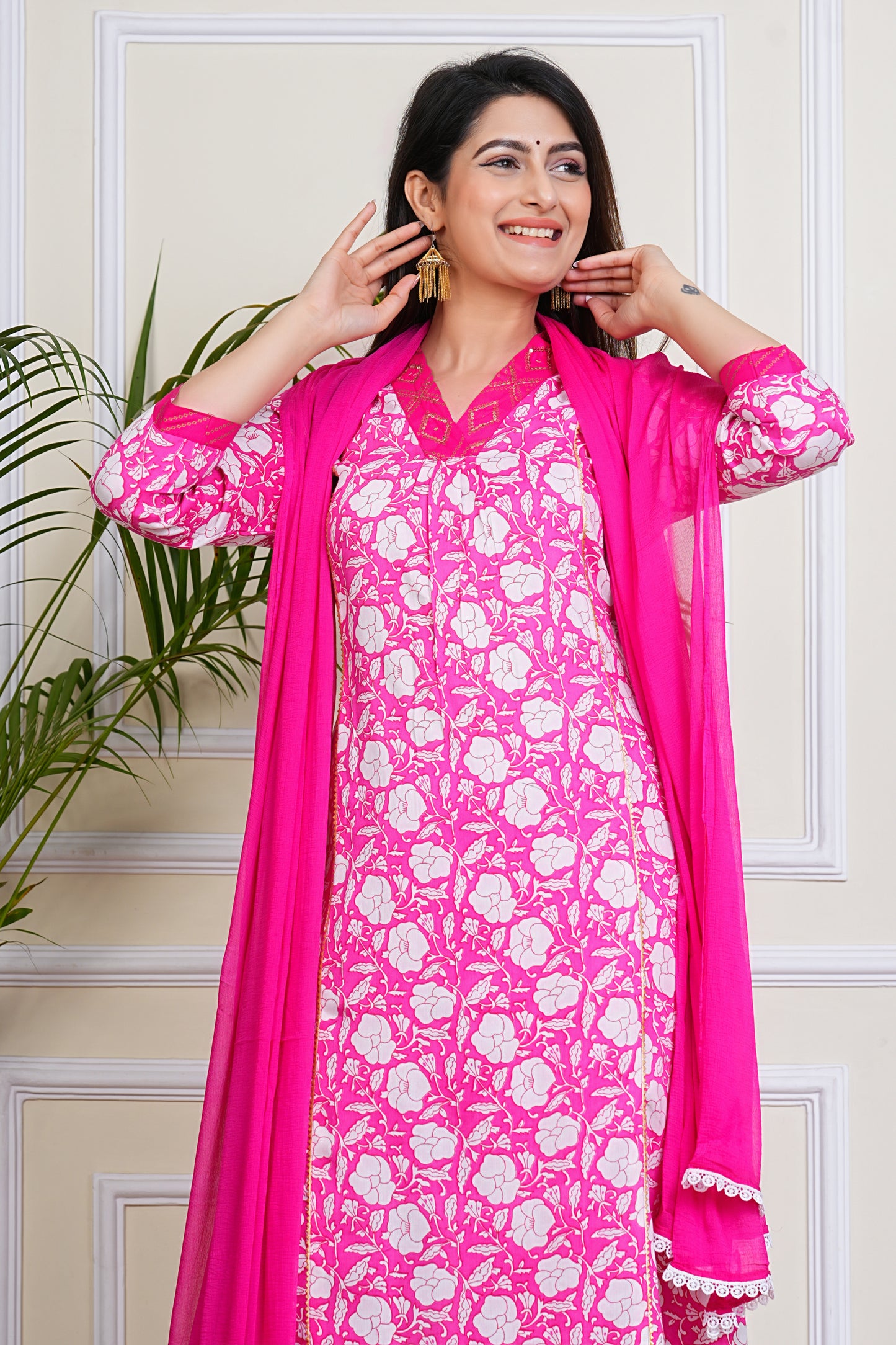 Vibrant Pink Floral Kurta Set