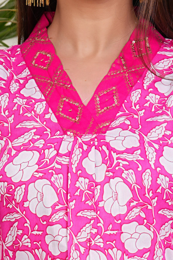 Vibrant Pink Floral Kurta Set